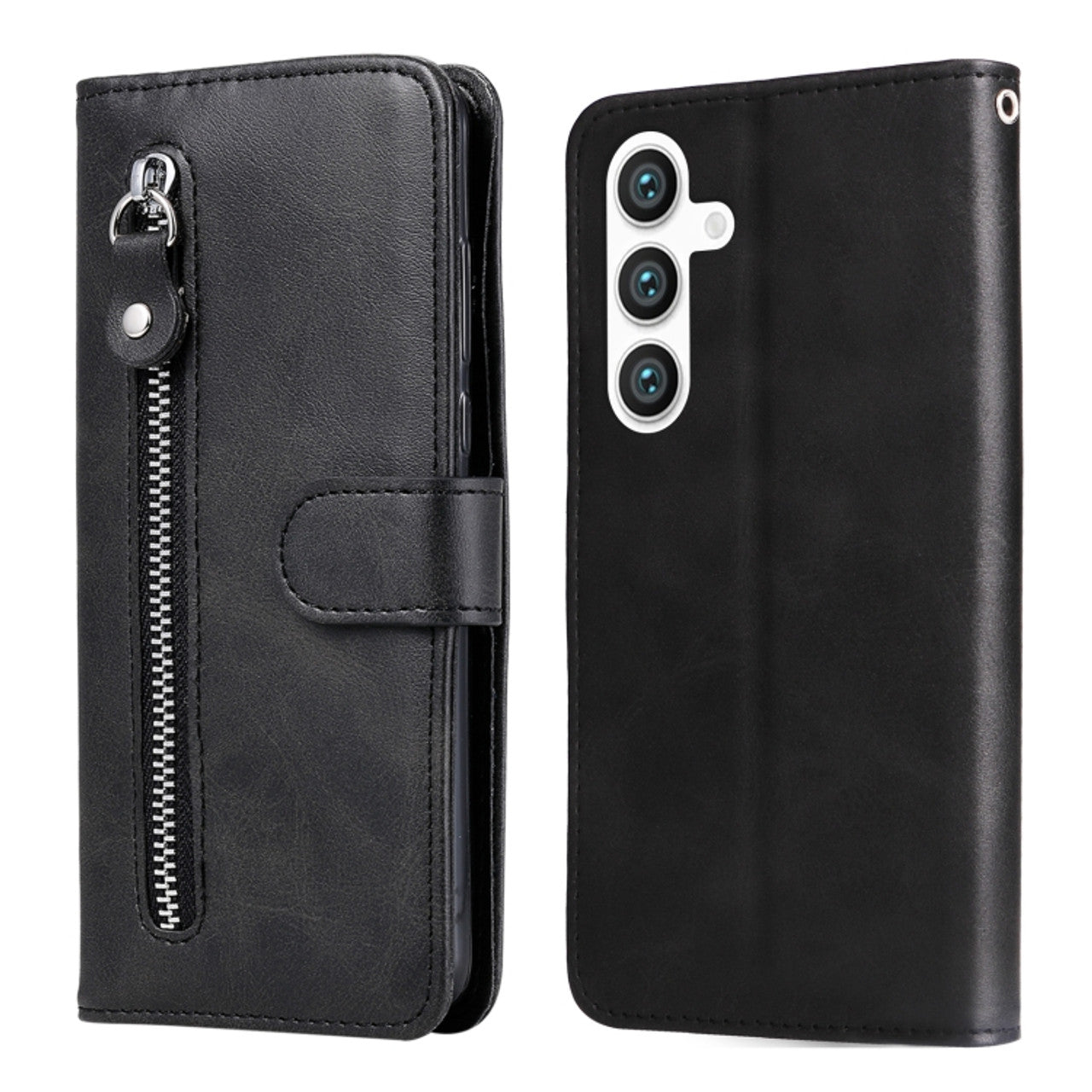 Samsung Galaxy S24 Black Zipper Leather Case with Calf Texture