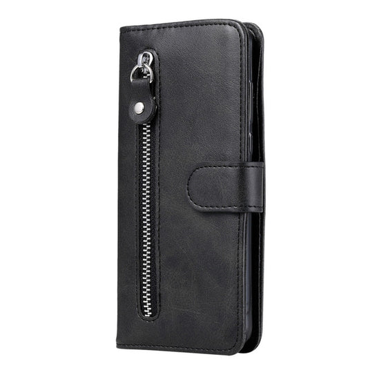 Samsung Galaxy S24 Black Zipper Leather Case with Calf Texture